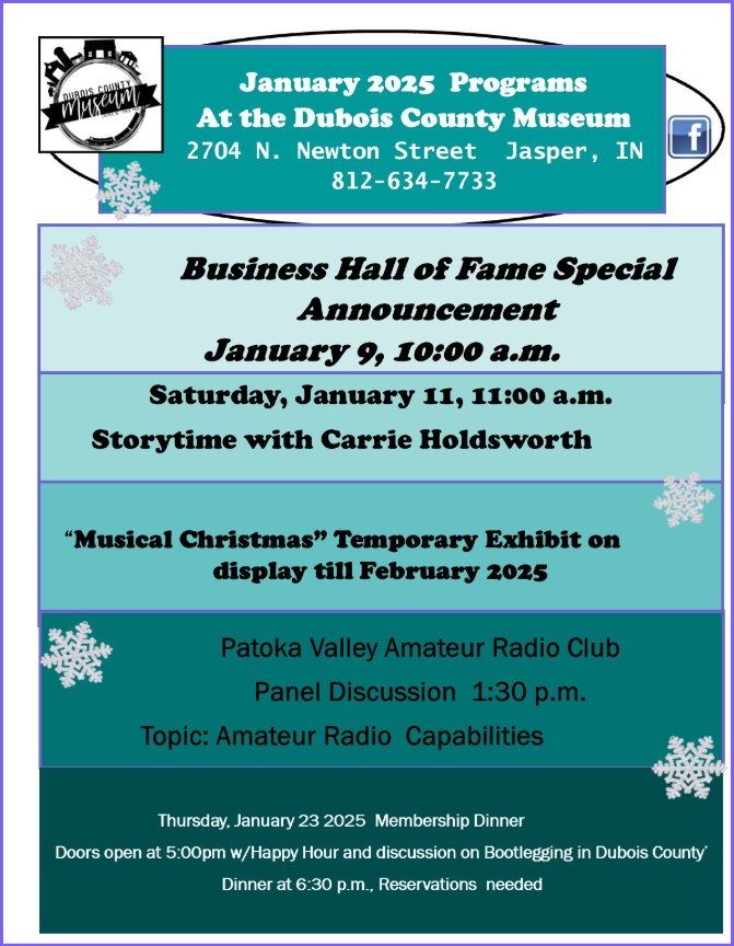 Here are some of the events at the Dubois County Museum in January 2025.