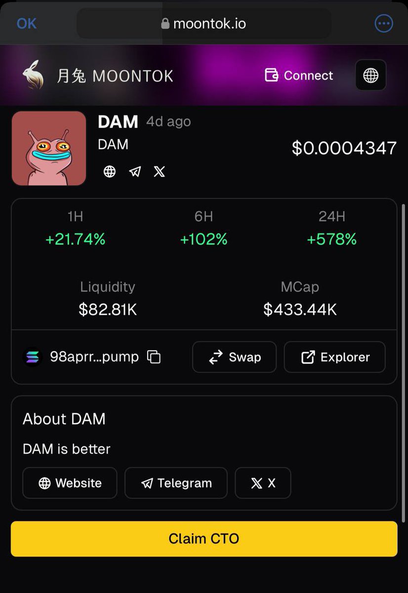 $DAM IS NOW AVAILABLE ON <a href="/MoontokOfficial/">Moontok 月兔 🐇</a> 

First cryptocurrency indexing site for the Chinese market🇨🇳