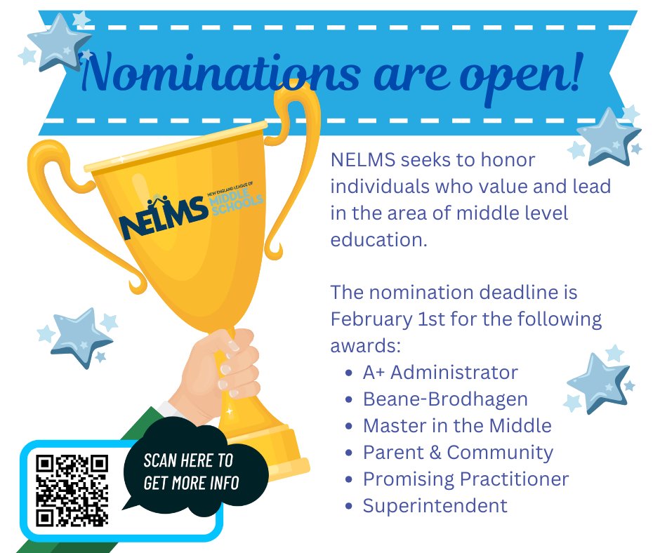 Nominations are now open for our Middle Level Exceptional Educator Awards! The deadline to submit nominations is February 1, 2025.

For more information, please go to nelms.org/awards-recogni…
