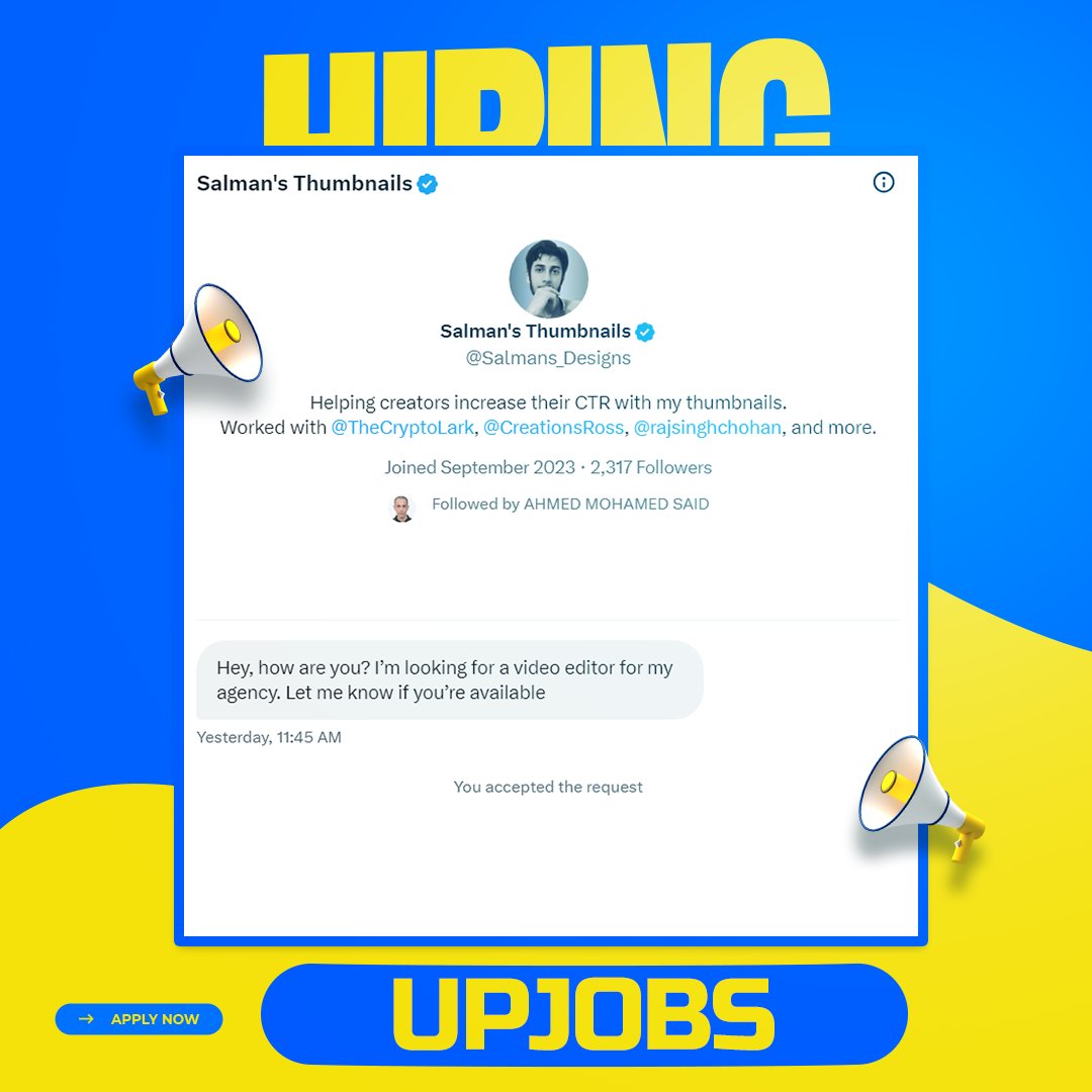 UPJOBS_'s tweet photo. 💡 Need a #freelancer?
I got this DM asking for a #Video #Editor !🚀

_______
@Salmans_Designs 

I want edit like this:
https://t.co/xszCkKljEk

https://t.co/2JthF4bvPG

https://t.co/kTJBt2m2Kf

https://t.co/kTJBt2m2Kf

https://t.co/cjl3w1iTEM

#Video_Editor #Motion_Graphics https://t.co/R3a6XTKuLn