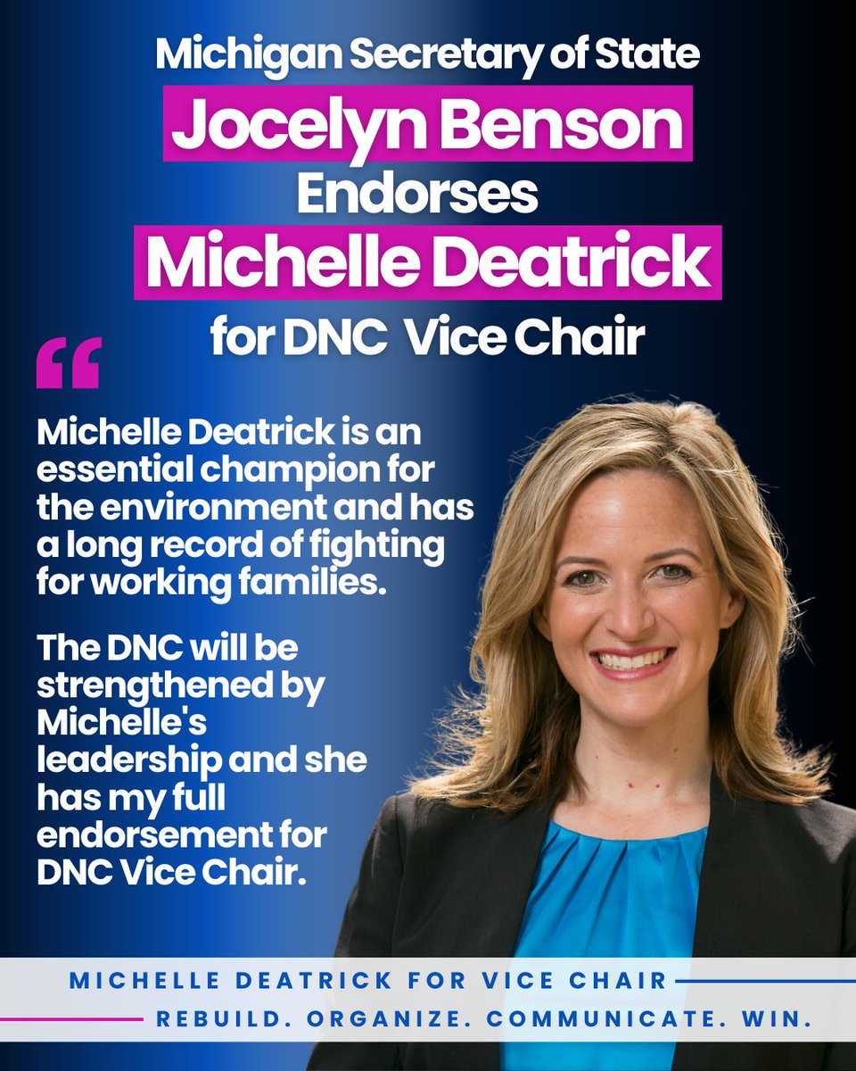 Michelle Deatrick (@mdeatrick) on Twitter photo This endorsement for my DNC Vice Chair candidacy from Michigan Secretary of State <a href="/JocelynBenson/">Jocelyn Benson</a> is a profound honor.
I am a longtime admirer of her leadership in expanding voting rights, increasing government transparency, and ensuring democracy works for all. This endorsement for my DNC Vice Chair candidacy from Michigan Secretary of State <a href="/JocelynBenson/">Jocelyn Benson</a> is a profound honor.
I am a longtime admirer of her leadership in expanding voting rights, increasing government transparency, and ensuring democracy works for all.
