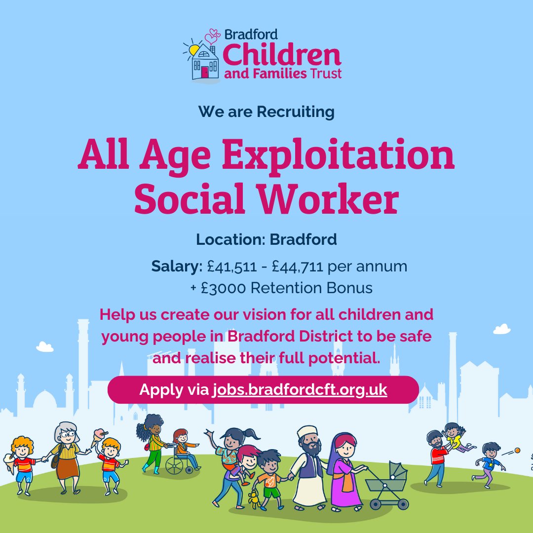 Bradford Children and Families Trust (@bradfordcft) on Twitter photo โจJoin our team at Bradford Children and Families Trust as an All Age Exploitation Social Worker.
Find out more at: bit.ly/3DUOFhs โจJoin our team at Bradford Children and Families Trust as an All Age Exploitation Social Worker.
Find out more at: bit.ly/3DUOFhs