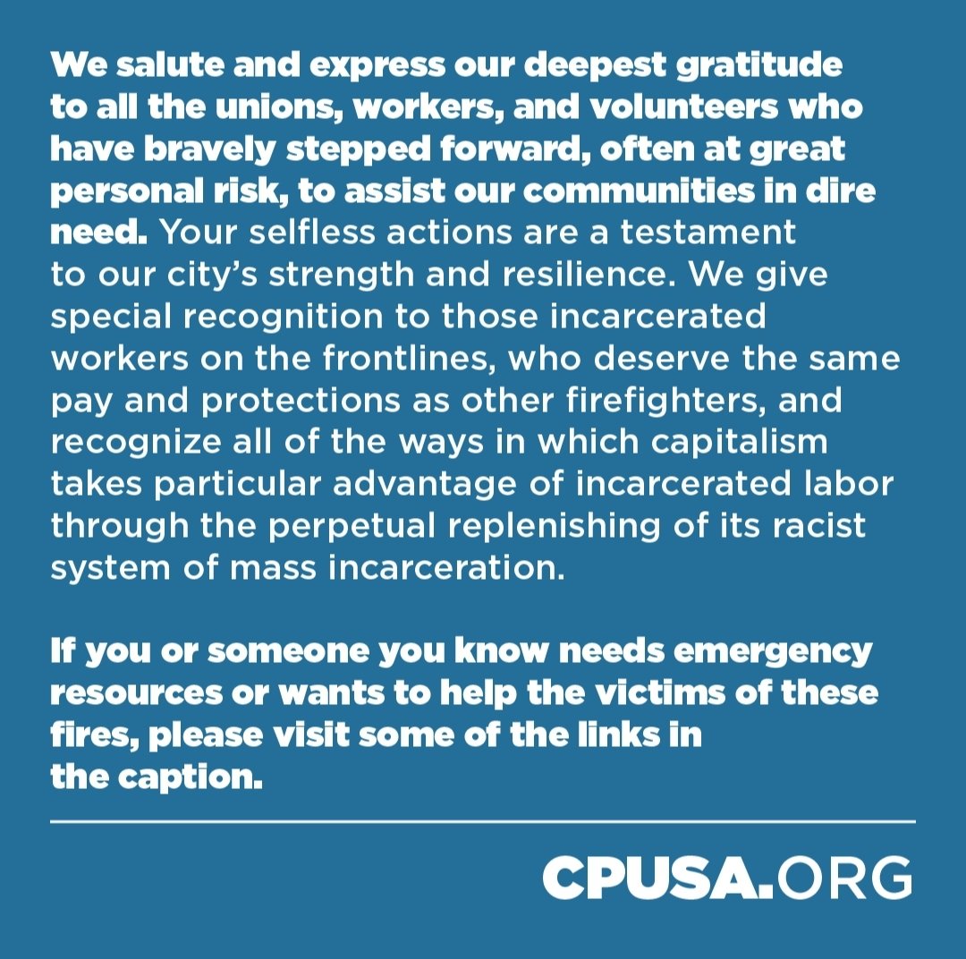 Emergency resources:
• The LA Mutual Aid Network’s for emergency assistance: docs.google.com/spreadsheets/u…
• The California Federation of Labor Unions: calaborfed.org/la-wildfire/
• Donate to the RedCross by calling 1-800-RED CROSS (800-733-2767) or texting the word CAWILDFIRES to 90999