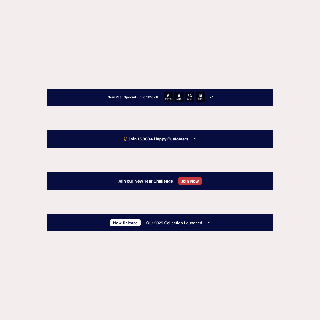 DaveDiederen's tweet photo. Free "4-in-1 Announcement Bar" Shopify Liquid Section. 

Go to "edit code" 
↓
In your sections folder find a file named "announcement-bar.liquid" (the name depends on the theme but always includes "announcement")
↓
Paste this code: https://t.co/TJtbbPrpli
↓
Go to "customize theme," change the announcement bar, and select any of your preferred versions.