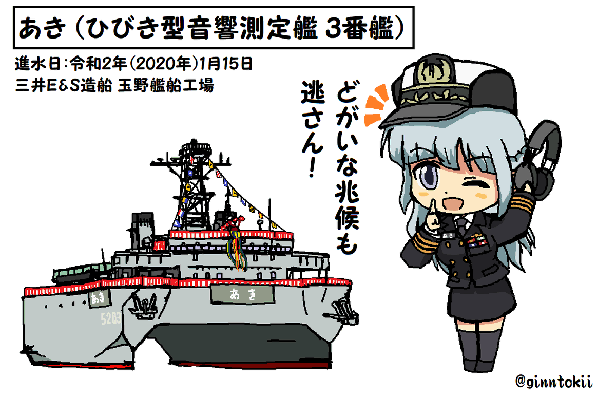 今日は1月15日という事で
115の日 
DD-115護衛艦「あきづき」を紹介しましたが
https://t.co/7Fmwa3MyXW
1月15日は
 #海上自衛隊 
音響測定艦「#あき」進水日
令和2年(2020年)
三井E&amp;S造船玉野艦船工場

#日本海軍
駆逐艦「#旗風」戦没日
昭和20年(1945年)
高雄港(台湾)にて米艦載機の攻撃…
#艦これ 