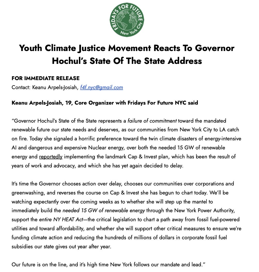 <a href="/GovKathyHochul/">Governor Kathy Hochul</a>'s #StateOfTheState today represented a failure of commitment toward the mandated renewable future our state needs and deserves, choosing the twin climate disasters of energy-intensive AI and dangerous and expensive Nuclear energy OVER climate action.

Read below.