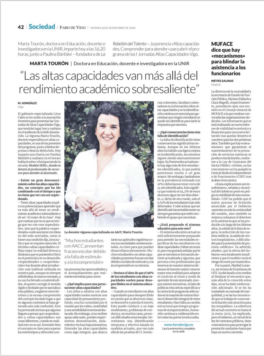 martatouron's tweet image. “…que algunos lleguen a pensar q «superdotado» y «altas capacidades» son cosas diferentes, cuando en realidad esto no es así. Entender bien el concepto es clave para superar los estereotipos y ofrecerles a estas personas…lo q realmente necesitan…” #aacc cc/@Farodevigo
