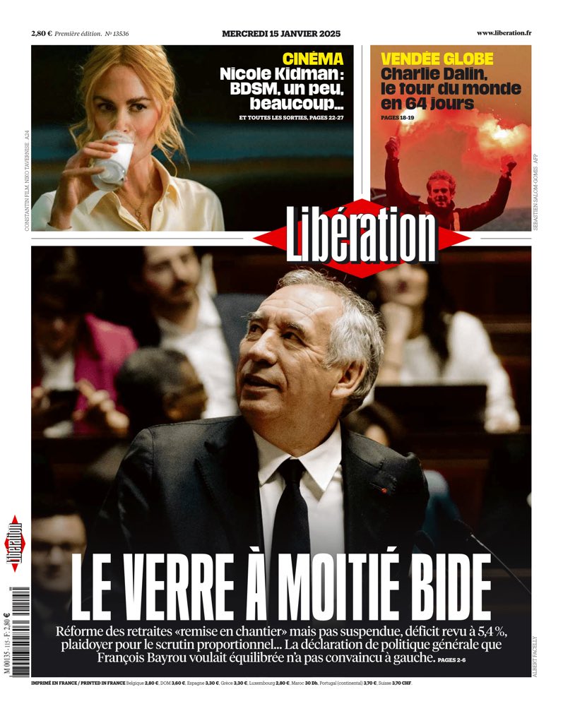 unesdepresse's tweet photo. 🗞 Le verre à moitié bide
Voici la une du journal Libération, demain mercredi 15 janvier 2025. #gouvernement #GouvernementBayrou #Bayrou #discoursdepolitiquegenerale #DPG #censure #CensureBarnier #retraites https://t.co/jwbU4GyvYQ