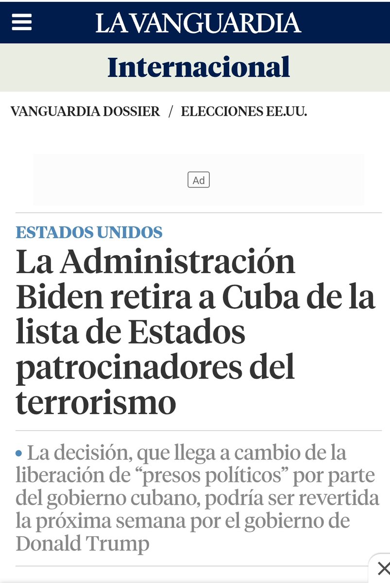 En sus últimos días, la administración de Joe Biden toma una decisión que debió tomarse hace mucho tiempo. Quita de la espuria lista de supuestos países patrocinadores del terrorismo a Cuba. Esperemos que esa decisión no sea revertida en el siguiente gobierno. De todos modos,