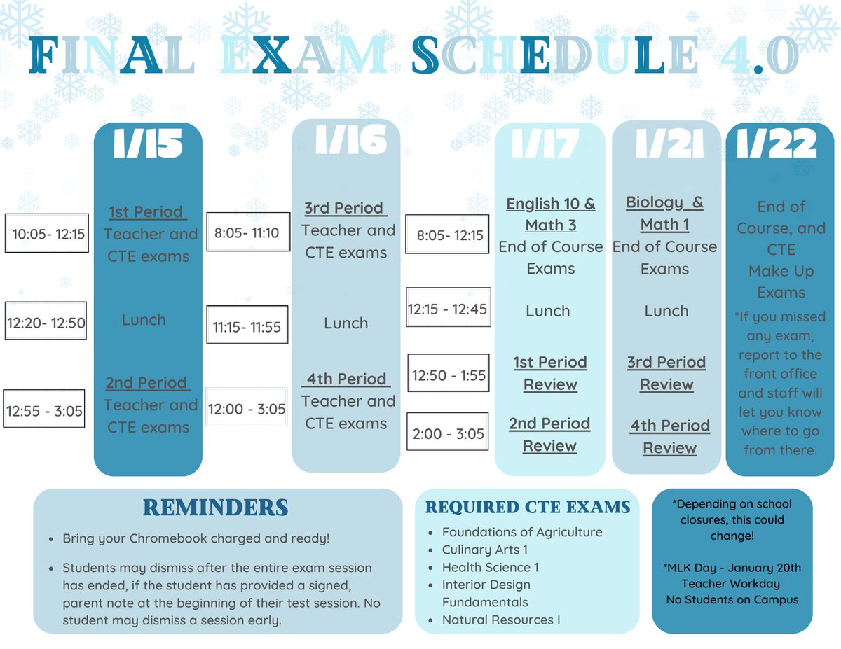 Here's the most up-to-date exam schedule, showing changes for the two-hour delay on Wednesday, January 15.  Please read carefully, as the testing schedule has changed.  Thank you for your understanding!  Please share.