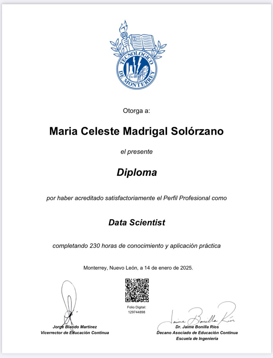 Que ya me llegó el diploma de la especialidad que llevé en Data Scientist en el Tec de Monterrey 🙌🏻🙌🏻