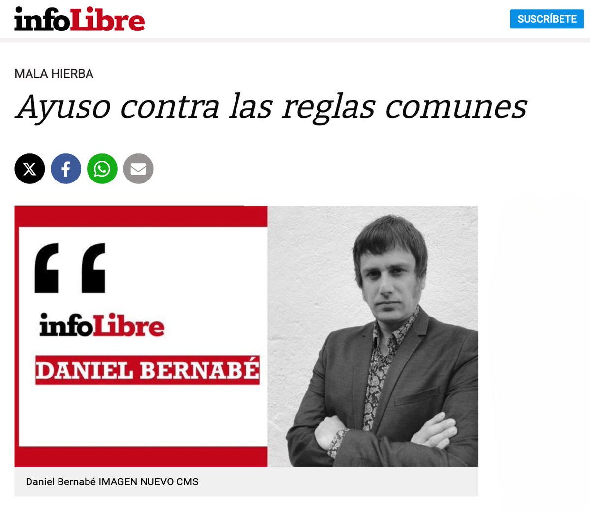 Ayuso contra las reglas comunes 

Mi nuevo artículo en <a href="/_infoLibre/">infoLibre</a> 
🗒️infolibre.es/opinion/column…

Hay cosas que no deberíamos dejar pasar. A Alberto González Amador, que el mandarín de Miguel Ángel Rodríguez calificó de hombre honorable y brillante, se le está investigando no por