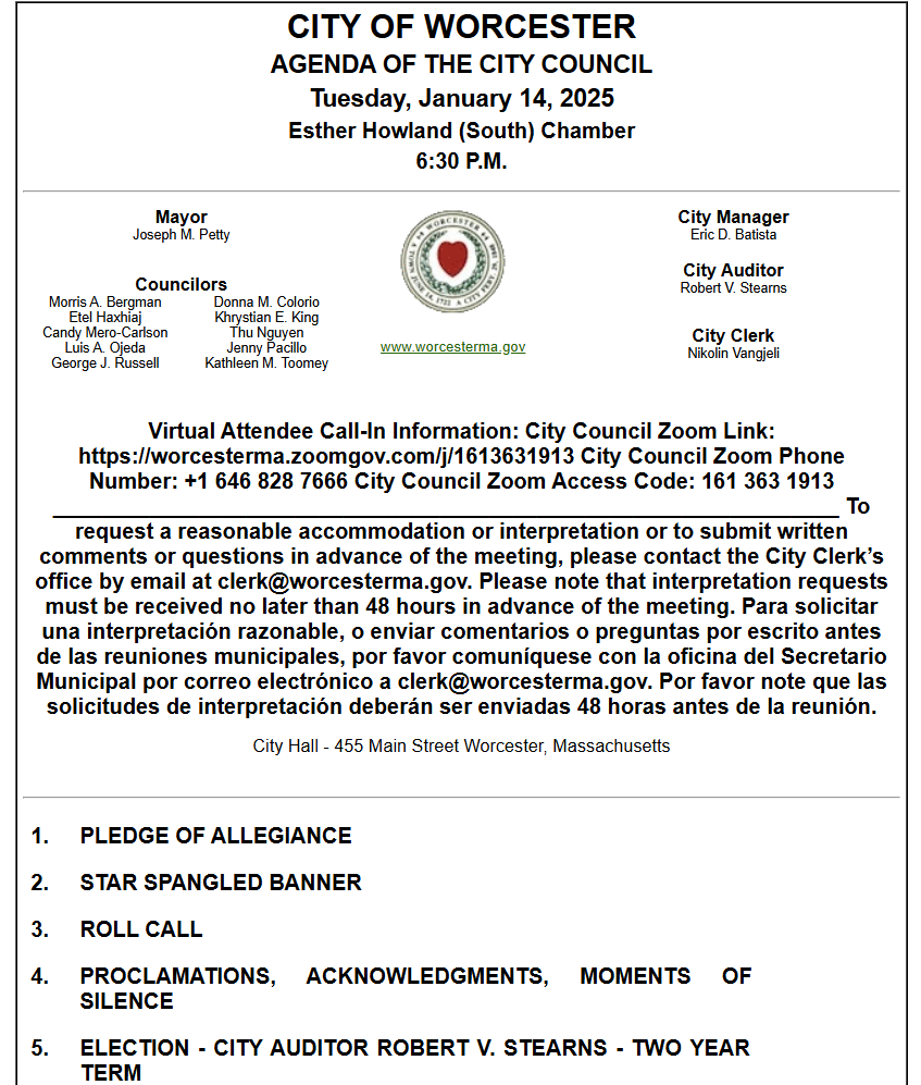 On Worcester City Council's agenda: auditor election, annual Comprehensive Financial Report, streetlights, Newton Sq. tennis courts, signage requests to DTM, WPD data, First Night,  beaches/pools, city vehicles, final forest master plan, &amp; more worcesterma.gov/agendas-minute… #WorcPoli