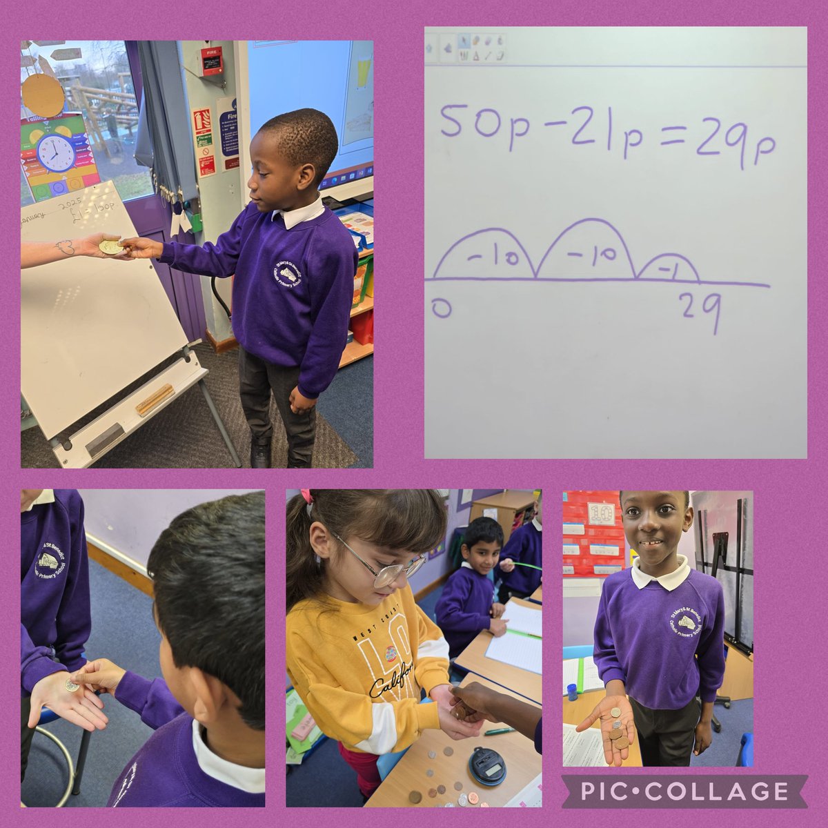 StMaryStBen's tweet photo. Miss McKenna's class have been working hard in maths to add and subtract amounts of money #Maths #Money #HTO #NumberLine https://t.co/ce80SSqq6v