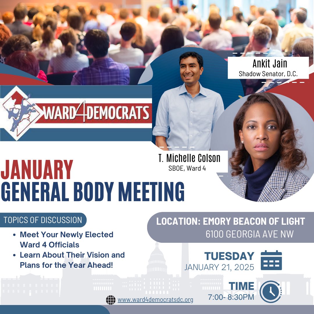 Join us on January 21st for the January Ward Forward Meeting! 

Meet your newly elected Ward 4 leaders: Shadow Senator Ankit Jain and State Board of Education Representative Dr. T. Michelle Colson.

We look forward to seeing you there!