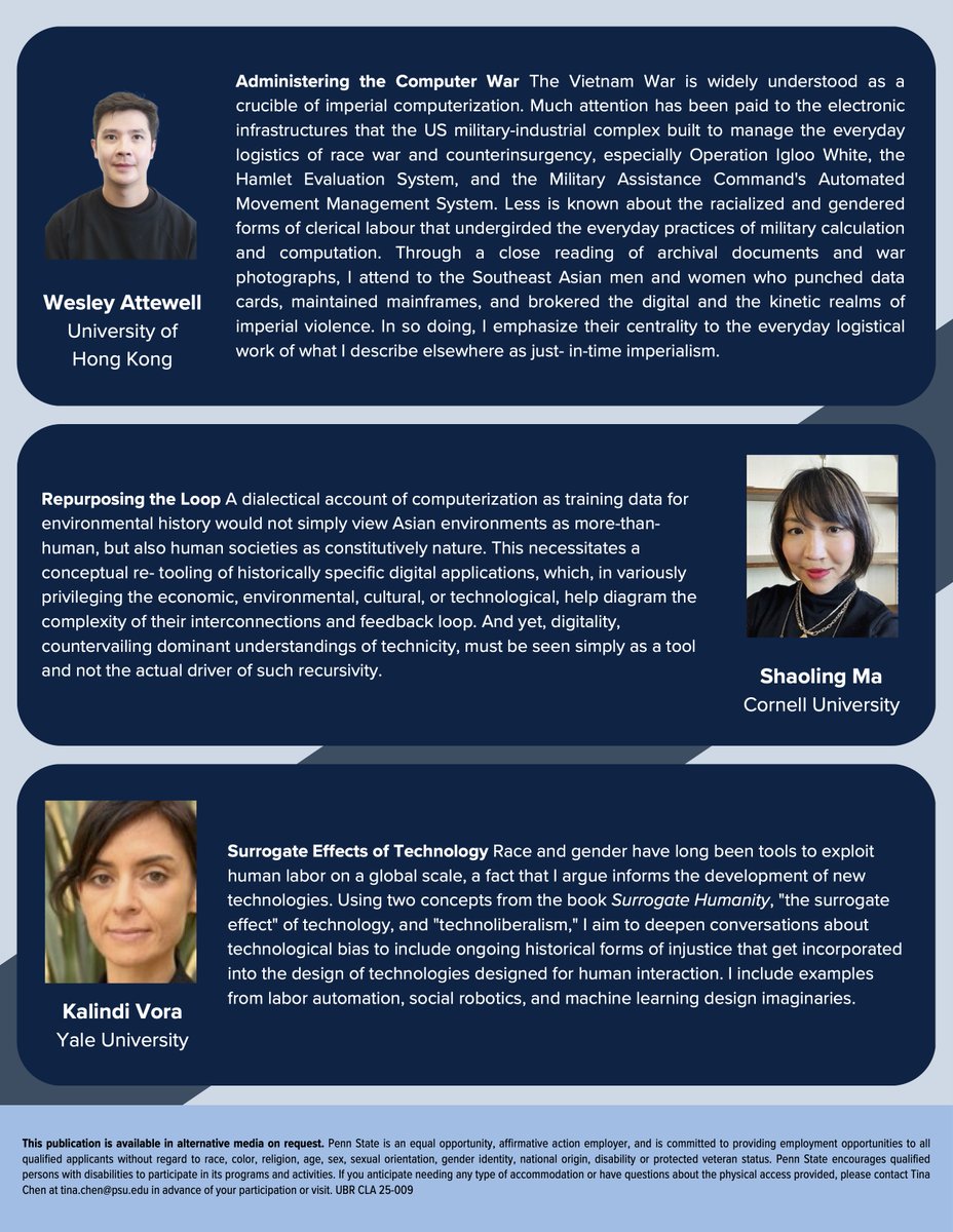 Verge: Global Asias (@vergega) on Twitter photo We are excited to announce another Global Asias Cyber Chat event.
The theme of this chat is Computational Environments.
If you are interested in attending the event, please email gai@psu.edu to register.
For more information, please see the attached flyer. We are excited to announce another Global Asias Cyber Chat event.
The theme of this chat is Computational Environments.
If you are interested in attending the event, please email gai@psu.edu to register.
For more information, please see the attached flyer.
