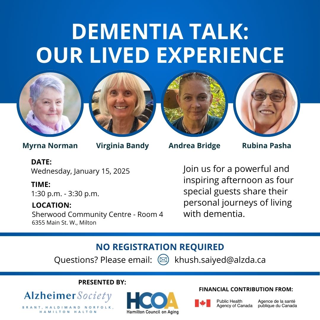 BurlingtonOHT's tweet photo. During #AlzheimersAwarenessMonth in January, The Alzheimer Society of Brant, Haldimand Norfolk, Hamilton Halton is hosting a Dementia Talk ⭐tomorrow⭐Moderated by: Sameera Ali, Halton Regional Councillor, Ward 4
No registration required.
#boht #ohts #OntarioHealthTeam https://t.co/c3SnNIbQlD