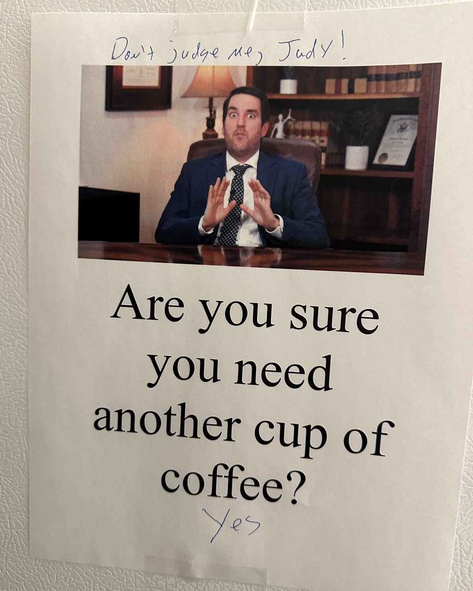 cstonelaw's tweet photo. POV: Your coworkers turn you into a meme to try and shame people out of drinking more coffee and someone writes back. This might be the best decoration in the whole office. https://t.co/TiE8od1Jxd