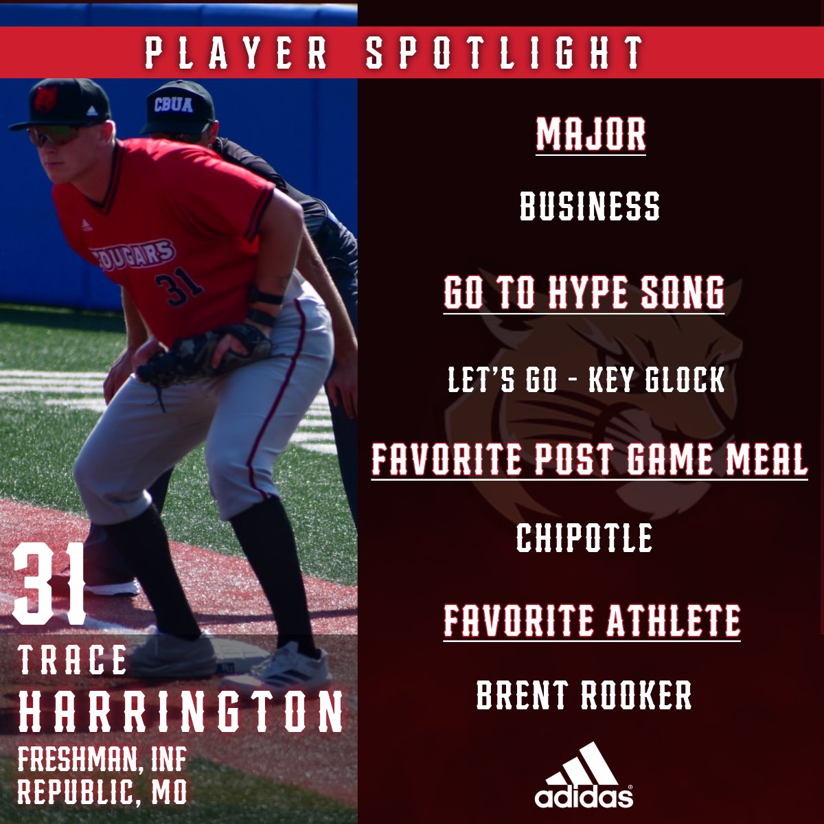 🚨 Countdown Alert 🚨

31 days until Opening Day! Today, we’re highlighting #31,  Infielder Trace Harrington!

#TogetherWeWill || #RollCougs