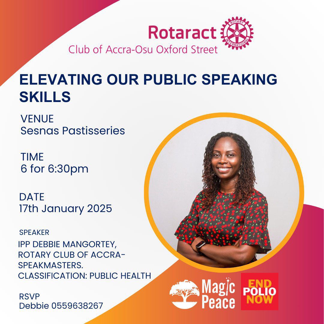 Fellow Rotaractors &amp; Guests 🤗🤗

Don't miss this opportunity to enhance your communication skills, build self-confidence, and network with fellow Rotaractors.  

Come prepared to participate, learn, and grow! See you there!