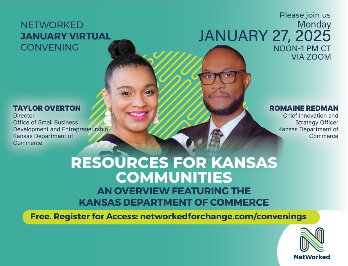 Network Kansas (@networkkansas) on Twitter photo Please join us for the first NetWorked virtual convening of the year! We'll hear from <a href="/KansasCommerce/">Kansas Department of Commerce</a> about resources that organizations and leaders across Kansas can tap into to strengthen and improve communities.
Register: networkedforchange.com/convenings #kseship Please join us for the first NetWorked virtual convening of the year! We'll hear from <a href="/KansasCommerce/">Kansas Department of Commerce</a> about resources that organizations and leaders across Kansas can tap into to strengthen and improve communities.
Register: networkedforchange.com/convenings #kseship