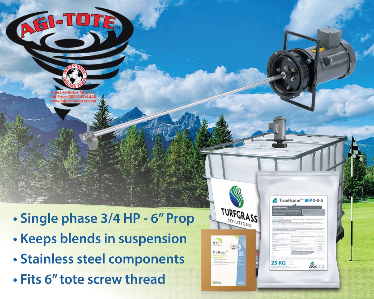 Increase your mixing efficiency this season with an Agi-Tote™ Tank Mixer from #InjectOMeter! Perfect for keeping liquid mixes like Humic Acid and Kelp well blended or in suspension. 
Order from us today! 

turfgrass-solutions.ca/agi-tote.html

#TurfManagement #ToteMixer #TurfCare