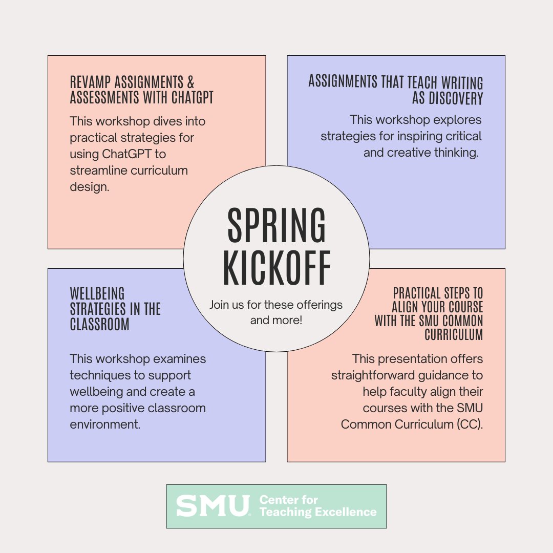 CTESMU's tweet photo. Join us this Thursday, January 17th from 8:30am to 2:30pm for our annual Spring Kickoff! We will be hosting this event-comprised of workshops and panels designed to support pedagogical innovation-at the Moody Hall Auditorium. Register today! #smucte #smu #pedagogy #excellence https://t.co/ykWvewEuRJ