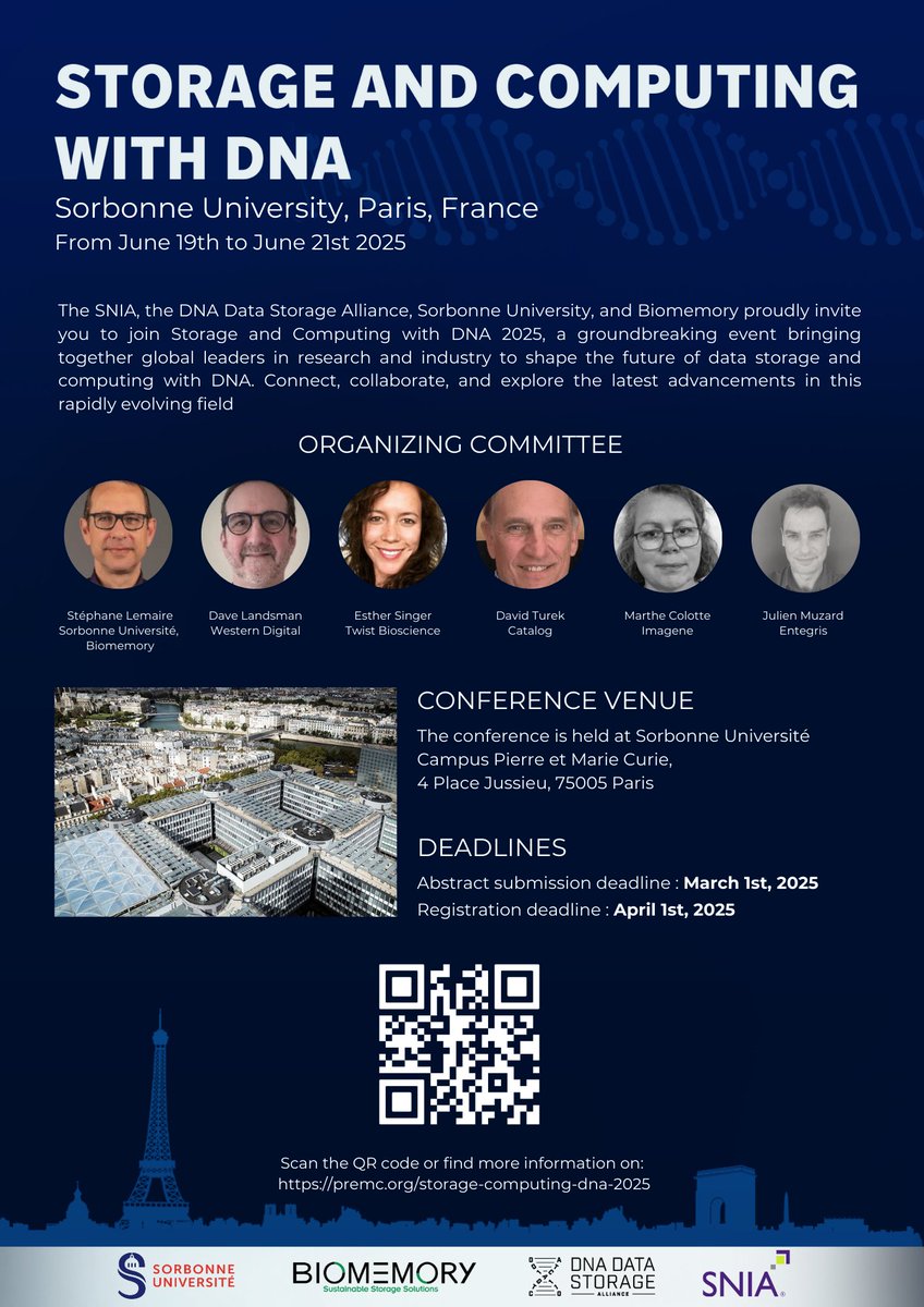 parisbiofoundry's tweet photo. 📢 Join us for "Storage and Computing with DNA 2025" at @Sorbonne_Univ from June 19-21, 2025! Connect with experts in DNA data storage and computing. 🧬

Details 👉 https://t.co/ddhiPD06If

#DNADatastorage #ComputingWithDNA #Conference2025 https://t.co/ilrZrLBWRS