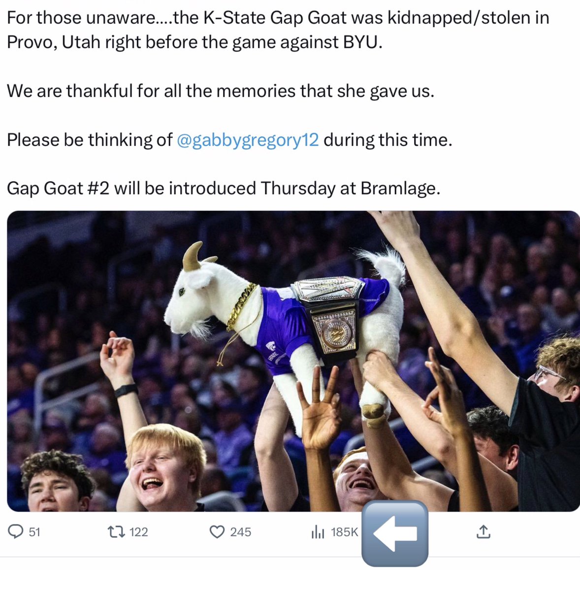 catfan28's tweet photo. Why yes….
Yes we do care about a stuffed animal 🐐
#BringGabbyBack https://t.co/uTOwseA5TE