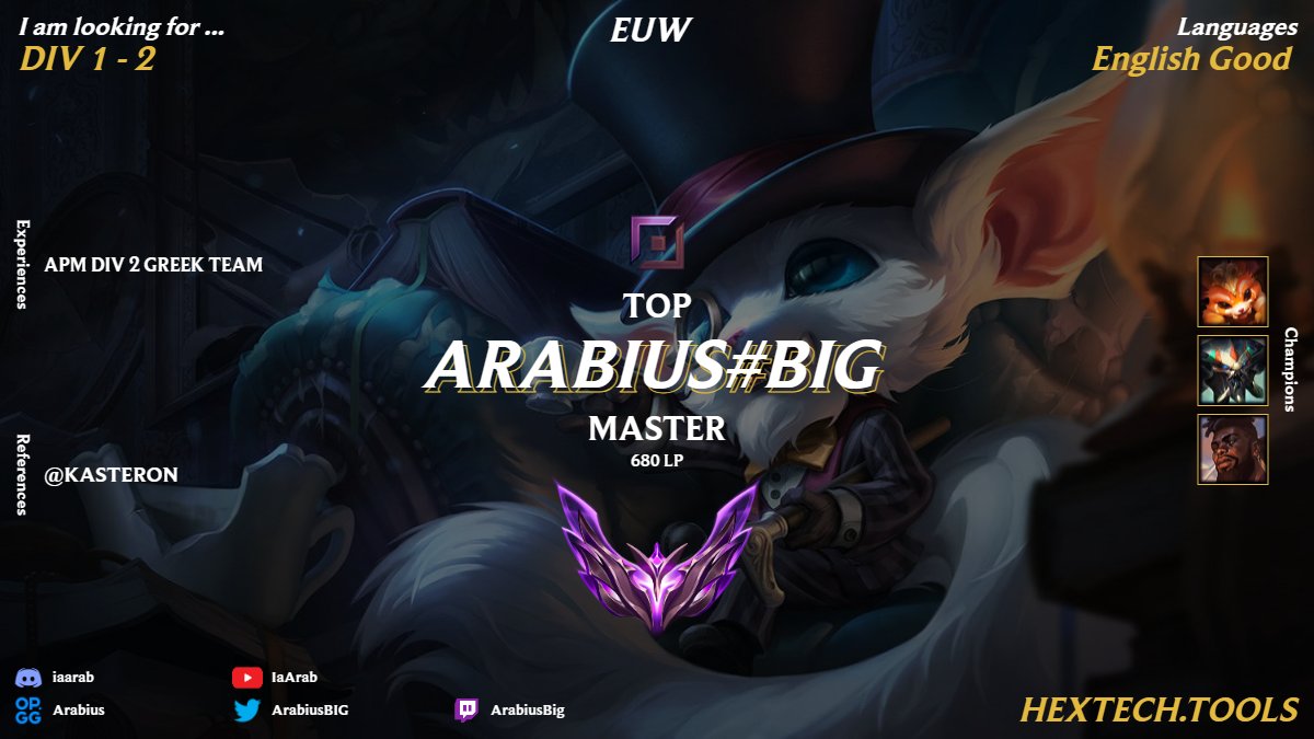 IaArab (@arabiusbig) on Twitter photo I was signed with <a href="/APM_New_Era/">Actions Per Minute</a> DIV 2 Greece for this split, but the guys got promoted to division 1 so my contract is no longer valid.
I've also played in <a href="/qstodesesports/">QSTODES ESPORTS</a>
So I'm LFT again looking for a team.Peak elo 680 LP EUW. I'm currently MT 100+.
lol.fandom.com/wiki/Arabius I was signed with <a href="/APM_New_Era/">Actions Per Minute</a> DIV 2 Greece for this split, but the guys got promoted to division 1 so my contract is no longer valid.
I've also played in <a href="/qstodesesports/">QSTODES ESPORTS</a>
So I'm LFT again looking for a team.Peak elo 680 LP EUW. I'm currently MT 100+.
lol.fandom.com/wiki/Arabius