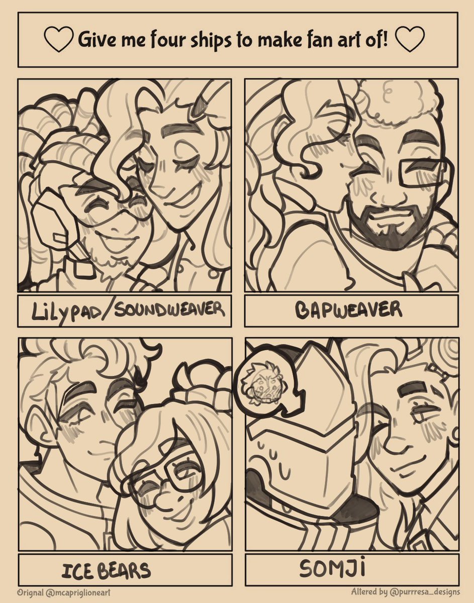 sunkissgirasol's tweet photo. Finished this finally, thank you for all these ships, it was fun to draw some characters i don't usually draw (i had to pick lilypad, it was obligatory for me)
#Overwatch2Fanart #Soundweaver #Lucioweaver #Bapweaver #Icebears #Somji #Overwatch2 https://t.co/SfMH6q9cJ1