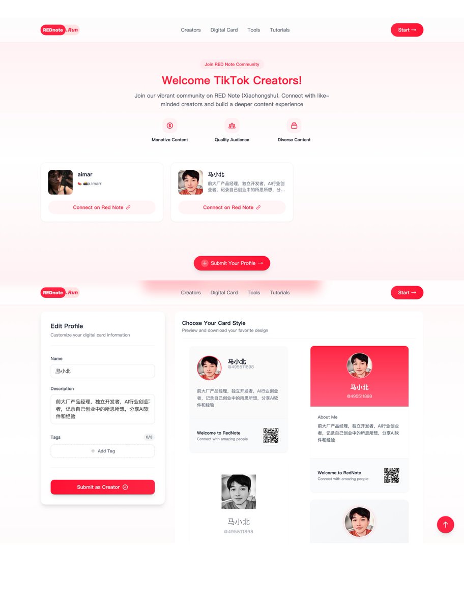 design_hacking's tweet image. TikTok Refugees on RedNote (Xiaohongshu), I built a platform to help you connect & grow! 🚀
✨ Shareable profile cards
✨ Chinese name generator
✨ Post translation tool
What’s missing? What do you need? Let me know! 👇
rednote.run
#tiktokrefugees #buildinpublic