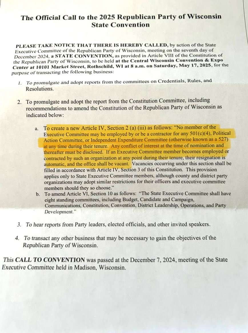 bgalsWI's tweet photo. Take a look at this proposed @WisGOP constitutional amendment for 2025.

“No member of the executive committee may be employed by any 501(c)(4) organization.” 

This would immediately disqualify any activist that works so tirelessly with @tpaction to help save WI.

This roadblocks a number of young, bright future leaders in the party like @brandon_maly @dixonswolfe @JordanBriskeyWI @sadie_roach08 @SamKrieg2000 & others from ever growing their leadership potential.

Our efforts at @tpaction turned out votes in record numbers for @realDonaldTrump. We don’t deserve to be forever locked out of @WisGOP leadership because of it.