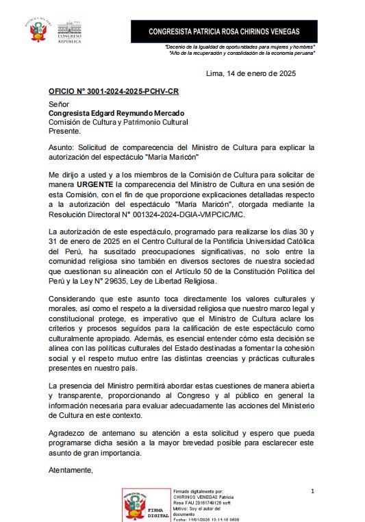 martinhidalgo's tweet photo. #AlertaLegislativa: Congresistas Norma Yarrow y Patricia Chirinos (#RenovaciónPopular) envían oficios pidiendo explicaciones por la puesta en escena de la obra teatral María Maricón. https://t.co/FrkL9EDc3i