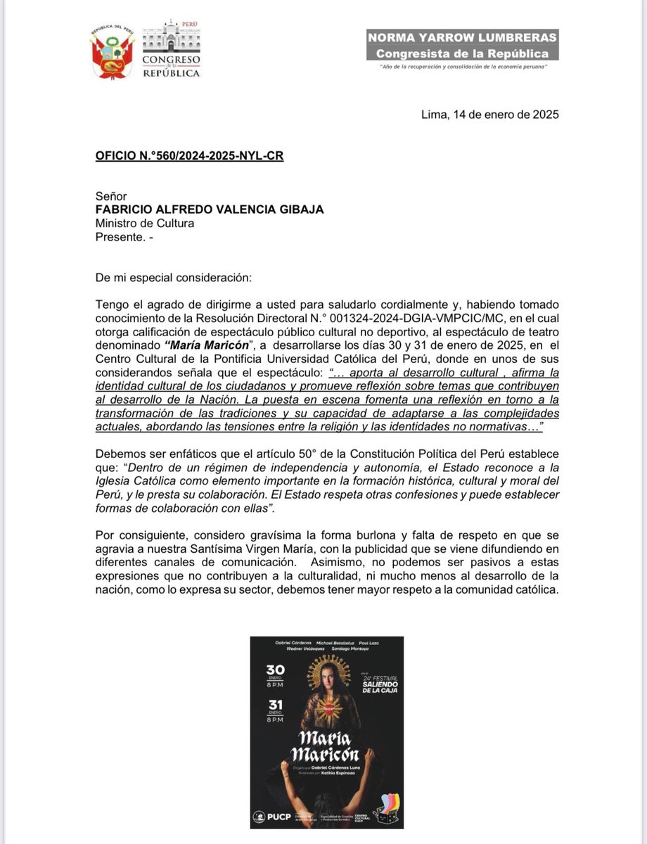 martinhidalgo's tweet photo. #AlertaLegislativa: Congresistas Norma Yarrow y Patricia Chirinos (#RenovaciónPopular) envían oficios pidiendo explicaciones por la puesta en escena de la obra teatral María Maricón. https://t.co/FrkL9EDc3i
