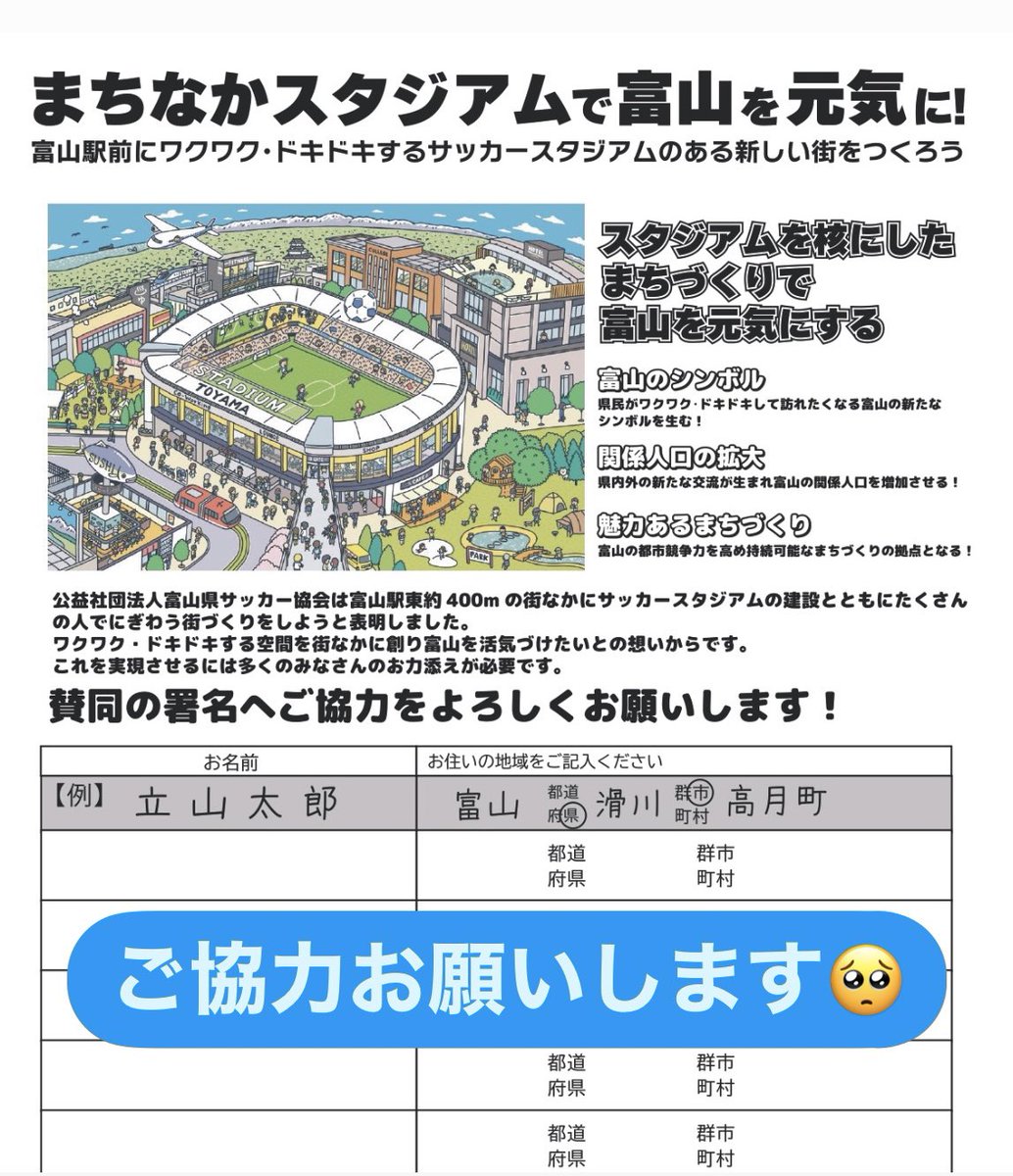 toyama_damashii's tweet photo. 富山にサッカー専用スタジアムを❣️

富山県民、全国60クラブのサポーターさん
ぜひ、賛同の署名へご協力お願いします⚽️

➡️https://t.co/NNUwaukVee✍️

紙でもお願いさせて頂いてます🙏

#カターレ富山 #富山県 #Jリーグ
#富山県サッカースタジアム https://t.co/ozV8UEW8dl