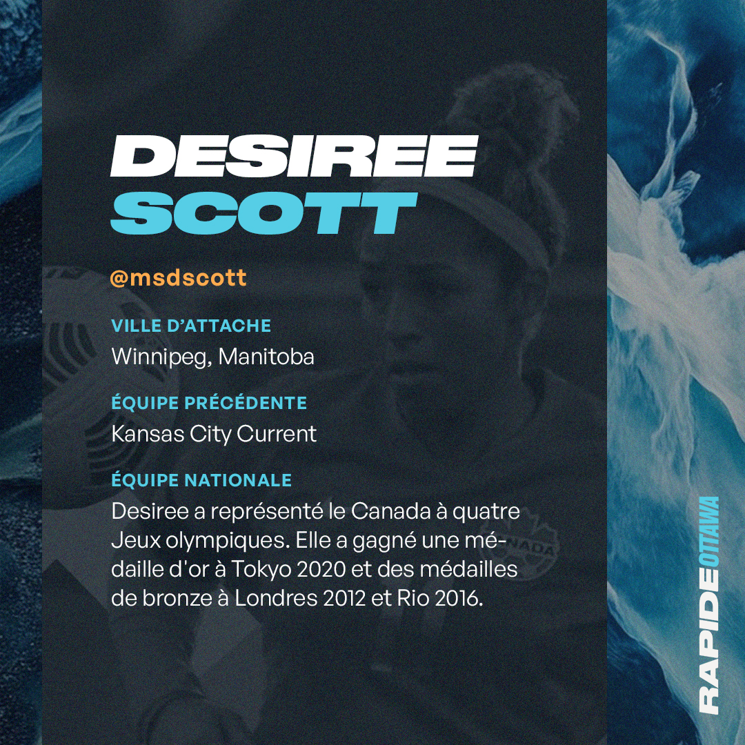 Nous sommes ravis d'annoncer que Desiree Scott se joint au Rapide! Originaire de Winnipeg, Desiree a représenté son pays lors de 4 Jeux olympiques. Comme capitaine du Current de Kansas City, est devenue la 2e Canadienne de l’histoire de la NWSL à cumuler 10 000 minutes de jeu.