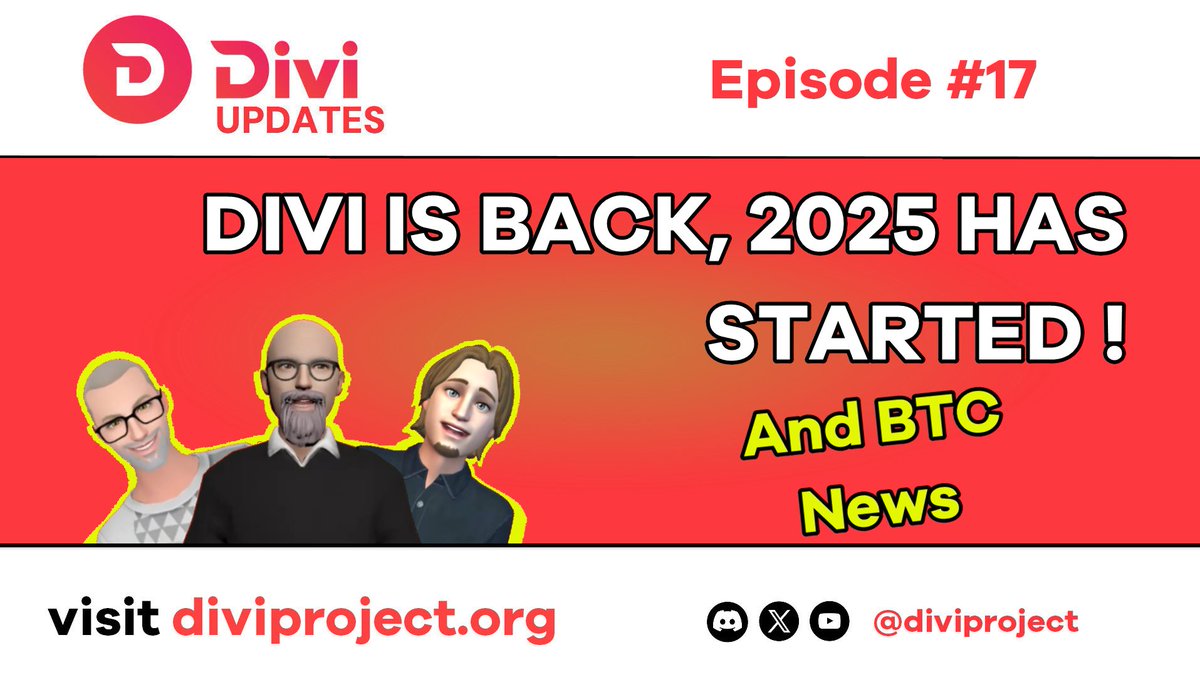 Divi Project (@diviproject) on Twitter photo Divi Updates 🗞️ 
▶️🍿🍿 Episode 17
📜 Divi is Back, 2025 Has Started! And BTC News
🔗 youtube.com/watch?v=UUnpja…
#DiviUpdates $Divi #btc #divi2025 Divi Updates 🗞️ 
▶️🍿🍿 Episode 17
📜 Divi is Back, 2025 Has Started! And BTC News
🔗 youtube.com/watch?v=UUnpja…
#DiviUpdates $Divi #btc #divi2025