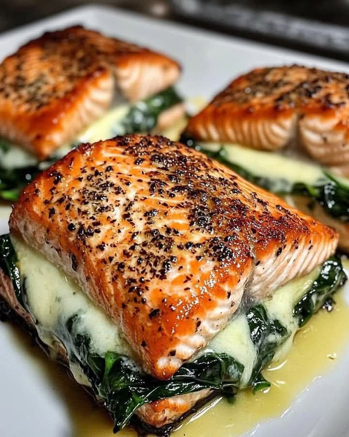 Blackened Salmon Stuffed with Spinach &amp; Parmesan 

Ingredients:
- 4 salmon fillets (skinless, about 1.5 inches thick)
- Salt and black pepper to taste
- 1 tablespoon olive oil
- 1 teaspoon paprika
- 1 teaspoon garlic powder
- 1/2 teaspoon onion powder
- 1/2 teaspoon cayenne