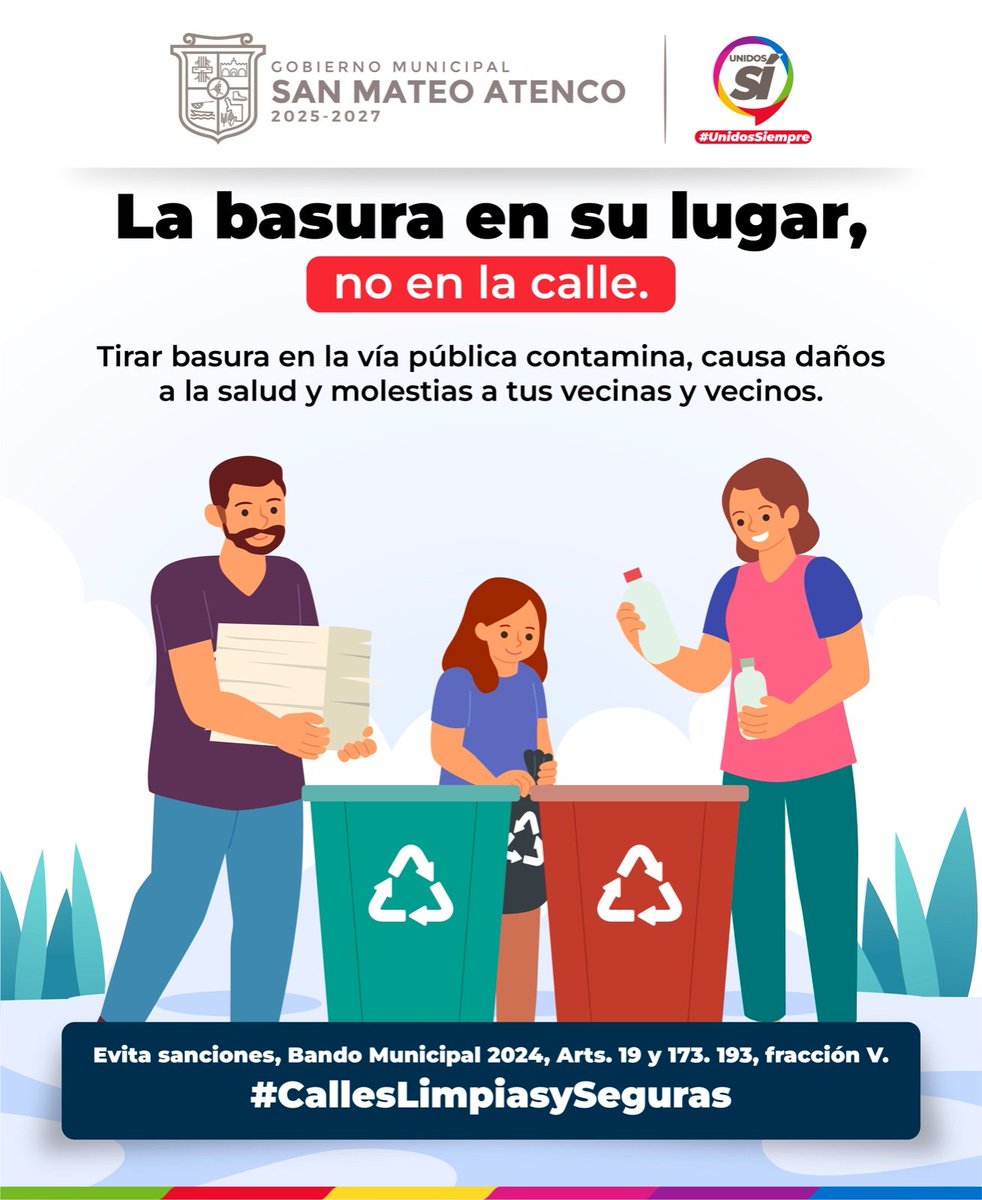 SanMateoAGob's tweet photo. Enseña a tus hijas e hijos a no tirar basura en la vía pública, crea en ellos hábito que ayuden a conservar nuestros espacios limpios.
#LaBasuraEnSuLugar 🗑️
Por un #SanMateoAtenco limpio, ordenado y sustentable #UnidosSí, #UnidosSiempre. 🍃 https://t.co/d8eoOISh3P