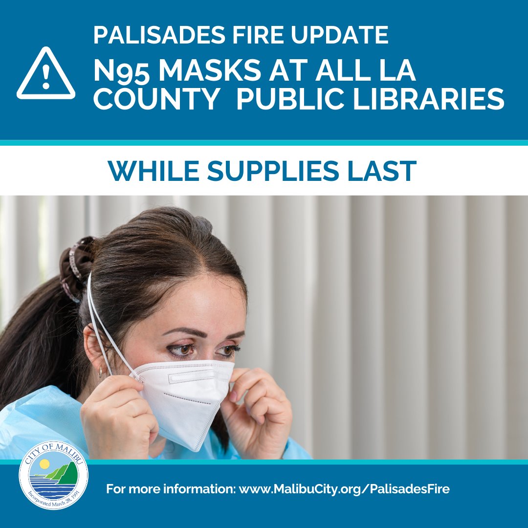 😷Free N95 Masks at all Los Angeles Public Libaries😷

Protect yourself from the unhealthy air quality warning stemming from the #PalisadesFire – grab a free N95 mask at any Los Angeles Public Library, while supplies last. Find the closest branch: lapl.org/branches