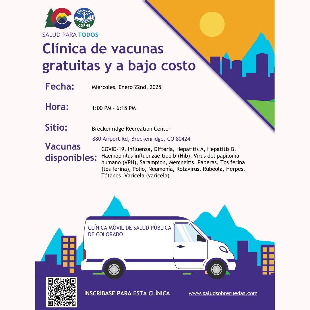 Low and No-cost Vaccine Clinic is coming to the Breckenridge Recreation Center! Get the Vaccines you need next Wednesday January 22nd from 1:00pm - 6:15pm. Make your appointment in advance at mobilepublichealth.com