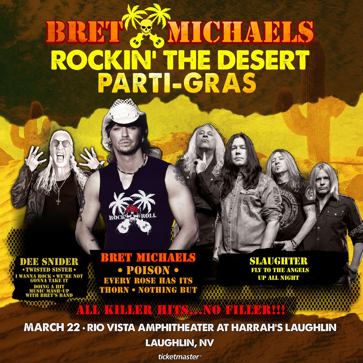 bretmichaels's tweet image. #Laughlin #Nevada get ready for slam-packed night of mega rock hits with Bret Michaels, @DeeSnider &amp;amp; @SlaughterBand coming to @Harrahs_LAU 🎸

Saturday, March 22 at Rio Vista Outdoor Amphitheater 🎉

Get your tickets before it's sold out! ⬇️
ticketmaster.com/event/3900618C…