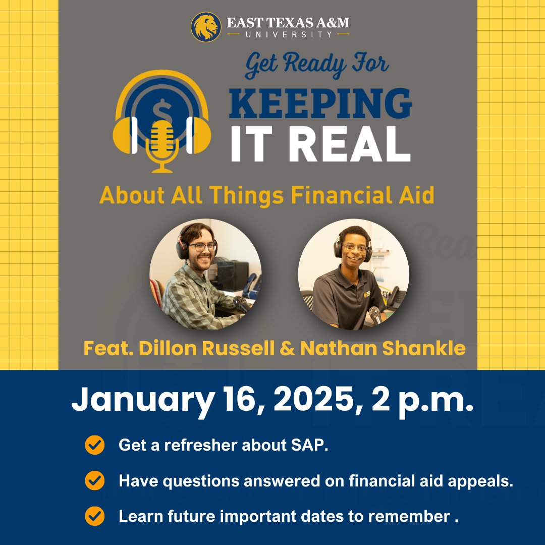 Join us for a round of Q&amp;A regarding all things financial aid on 1/16 at 2 p.m. Get a refresher about SAP, financial aid appeals, dates to remember, and more. Go to our bio for the webinar RSVP link on Linktree. tamuc.zoom.us/webinar/regist… #financialaid #etamufao #etamu