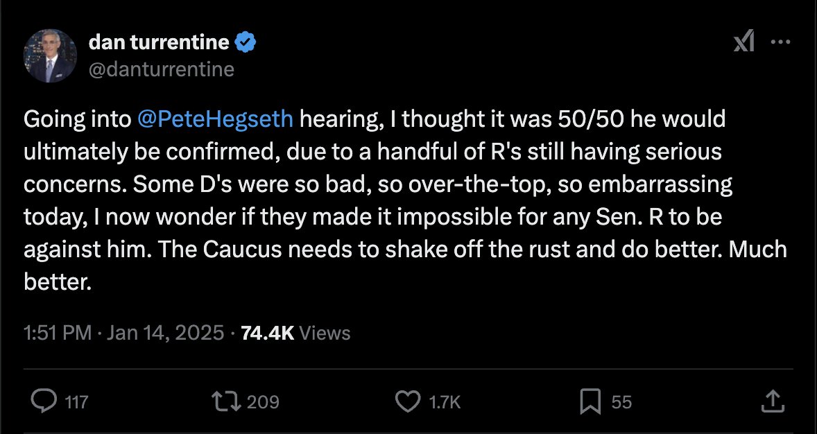 Scrollletter's tweet photo. →The Senate Armed Services Committee on Tuesday held its first day of confirmation hearings for Pete Hegseth, Trump’s nominee for secretary of defense. Hegseth performed well, if not spectacularly, and repeated his previous pledges to bring an emphasis on “lethality” and “meritocracy” back to the Pentagon. He also delivered some excellent lines, telling Sen. Tom Cotton (R-AR) that “I support Israel destroying and killing every last member of Hamas,” promising Sen. Kevin Cramer (R-ND) to reinstate all service members discharged for refusing the Pentagon’s vaccine mandate, and (our favorite) telling the committee that we “won World War II with seven 4-star generals; today we have 44.” Democrats, meanwhile, worked themselves into high dudgeon over Hegseth’s messy personal life, which has involved fanciful allegations of rape and credible allegations of noncriminal boozing and womanizing—behaviors that we’re sure are completely alien to the U.S. Senate. Former Democratic lobbyist @danturrentine, for one, was unimpressed: