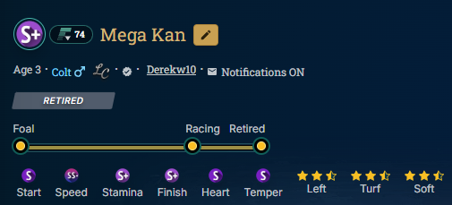 derekw10's tweet image. Maga Kan going to stud.

Highest preference NON 1/1 S+ LTS in the game with an impressive 2.5, 2.5, 2.5 stat. 

Offers the perfect opportunity to breed mares that have been difficult to pair with stacked 1/1 bloodlines, or create your own high non 1/1 bloodline. 

Stud Fee 6000