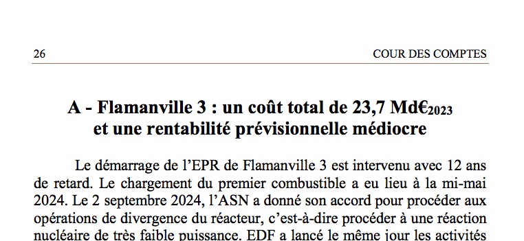 ecopolitain's tweet photo. Franska riksrevisionen: 
Nya #Flamanville-reaktorn har totalt kostat 280 miljarder kr (€23,7 mdr(2023)).
Medioker lönsamhetsprognos för Flamanville-3

https://t.co/EtJa2bBRSy
#kärnkraft #nuclear #energipol #svpol #EDF #EPR #EPR2  #strandedassets #kärnkraft https://t.co/Wx5lqVY4nm
