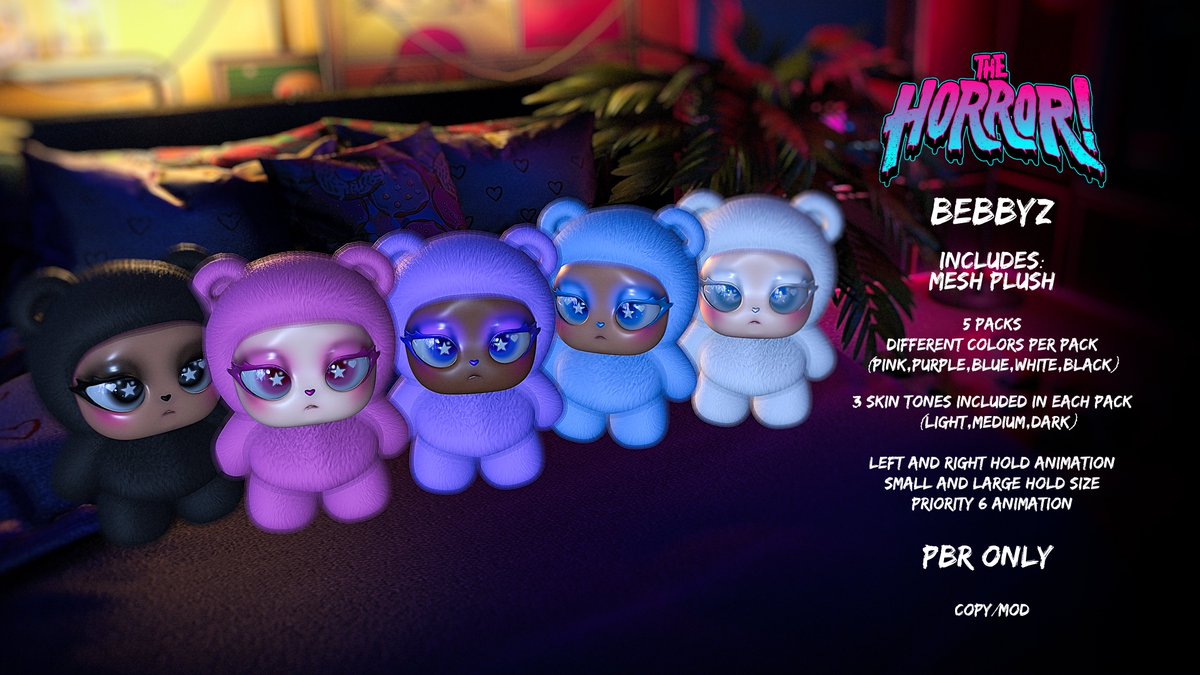TheHorrorCore's tweet photo. hello angels! it's Kustom9 timeeeee. for this round i made these cute collectible plushies! they come in 5 colors and each have 3 skin tones included. they're decor ready and also come with a hold pose for small and large avis for both left and right arms. i hope u like em! 💜🩵 https://t.co/sg3PCoiUTO