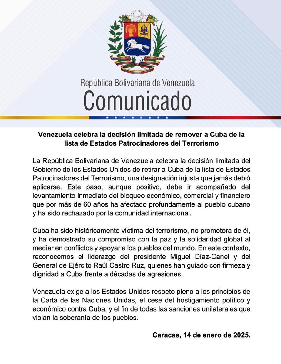 EmbaVECuba's tweet photo. Venezuela celebra la decisión del Gobierno de #EEUU de retirar a Cuba de la lista de Estados Patrocinadores del Terrorismo, designación injusta que jamás debió aplicarse; este paso debe ir acompañado del levantamiento inmediato del criminal bloqueo. ¡Viva Cuba! ¡VENCEREMOS! https://t.co/n3lAiRWo3o