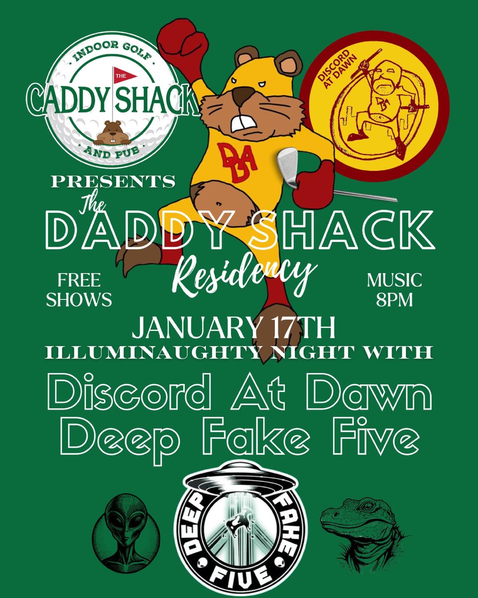 The Daddy Shack Residency with Discord At Dawn begins this Friday! 🎉 Come catch a great handful of FREE shows, all hosted by Discord at Dawn &amp; Friends 🎙
Night one brings us Illuminaughty Night w/ Deep Fake Five 🛸
Doors: 7pm · Music: 8pm
FREE · 21+